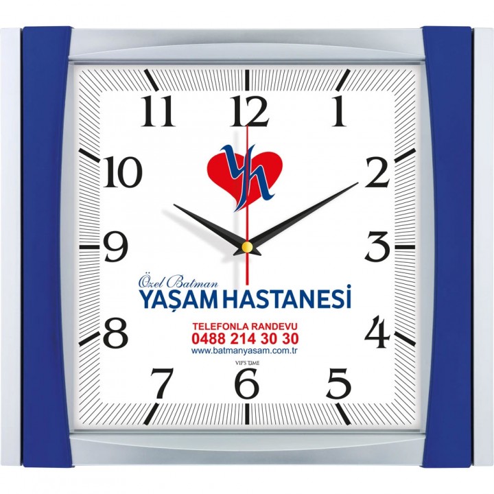 Logo Baskılı Mavi Yan Panelli 32,5 x 36,5 cm Plastik Duvar Saati